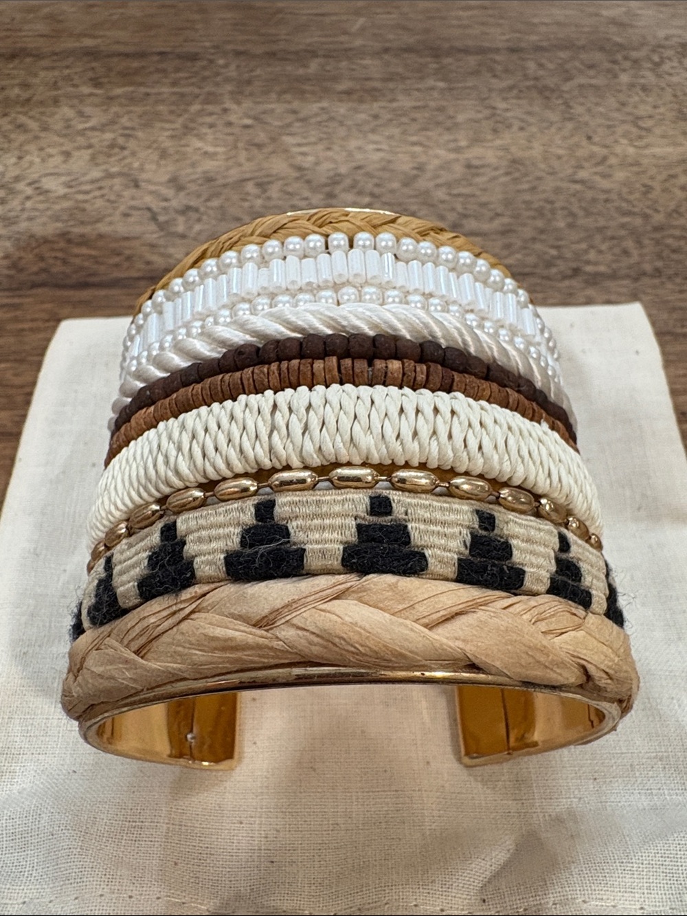 Chico’s Boho Mixed-Material Cream & Natural Cuff Bracelet NWOT